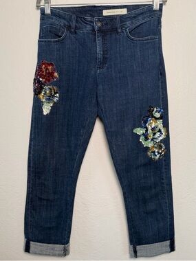 Anthropologie Pilcro Slim Boyfriend Crop Dark Blue Sequin Cropped Jeans Size 28